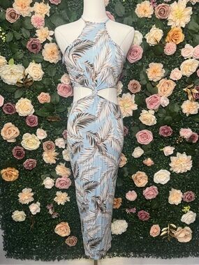 Light Blue Palm-Print Halter Cutout Midi Dress NWT